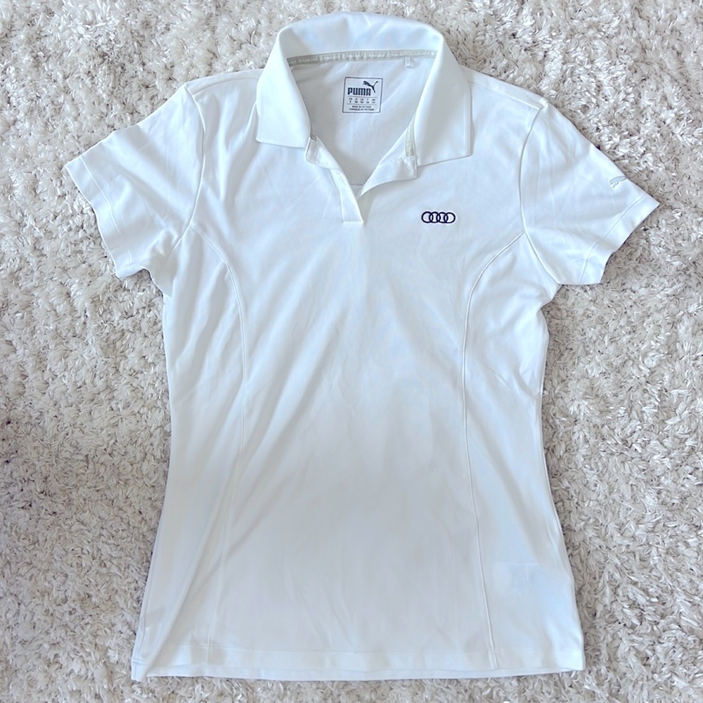 Women’s fitted Audi Puma White Polo Golf Shirt Size Small